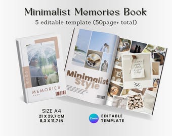 Plantilla minimalista de álbum de fotos en Canva: álbum de recuerdos editable, álbum de recortes moderno, recuerdo imprimible en tamaño A4, regalo digital para parejas y familias.