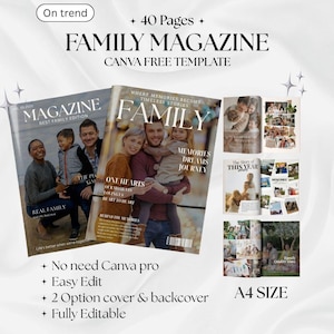 May include: A magazine template with the title "Family Magazine" and the text "Canva Free Template." The cover features family photos. The magazine includes 40 pages and is A4 size. Additional text includes "No need Canva pro," "Easy Edit," and "Fully Editable."