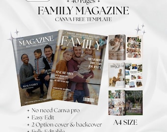 Revista familiar personalizada, plantilla de collage de fotos familiares, álbum familiar editable, plantilla de Canva para regalos familiares, recuerdos familiares imprimibles.