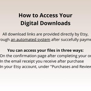 May include: Text on a beige background reads "How to Access Your Digital Downloads." Instructions are provided on how to access digital downloads from Etsy, including the confirmation page, email receipt, and Etsy account.