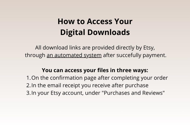 May include: Text on a beige background reads "How to Access Your Digital Downloads." Instructions are provided on how to access digital downloads from Etsy, including the confirmation page, email receipt, and Etsy account.