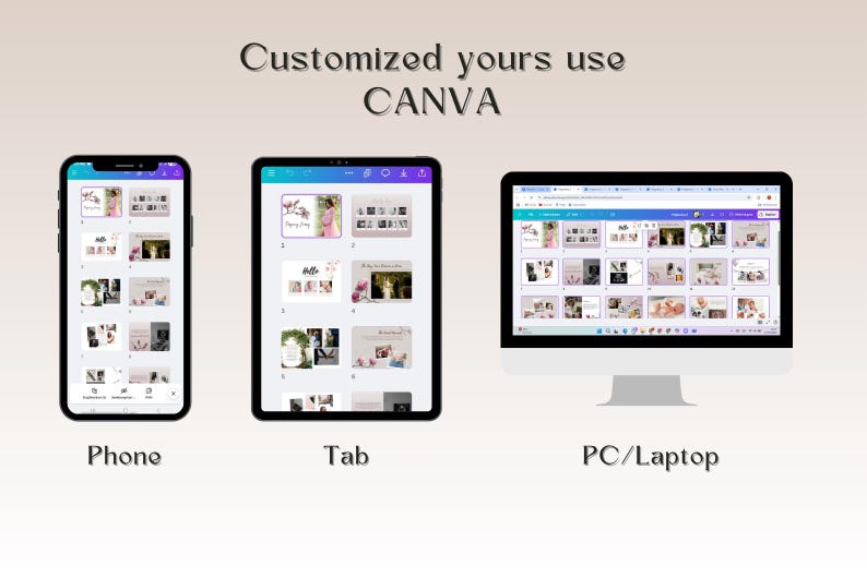 May include: Image showing a smartphone, tablet, and computer screen displaying a design layout. The text "Customized yours use CANVA" is at the top. The phone and tablet are black, and the computer is white.