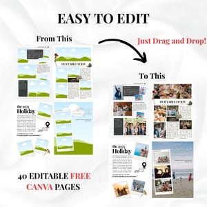 Puede incluir: Imagen que muestra una transformaci&oacute;n de plantilla de dise&ntilde;o. El texto dice "EASY TO EDIT" y "Just Drag and Drop!" con ejemplos de antes y despu&eacute;s. Tambi&eacute;n se ve el texto "40 EDITABLE FREE CANVA PAGES".