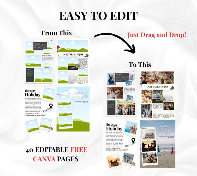 Puede incluir: Imagen que muestra una transformaci&oacute;n de plantilla de dise&ntilde;o. El texto dice "EASY TO EDIT" y "Just Drag and Drop!" con ejemplos de antes y despu&eacute;s. Tambi&eacute;n se ve el texto "40 EDITABLE FREE CANVA PAGES".