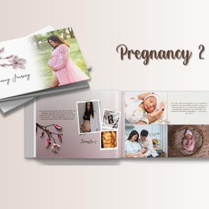 May include: A photo album titled "Pregnancy Journey" and "Pregnancy 2" with images of a pregnant person, ultrasound images, and a newborn baby. The album has a white cover with pink floral accents and a photo of a person in a pink dress.
