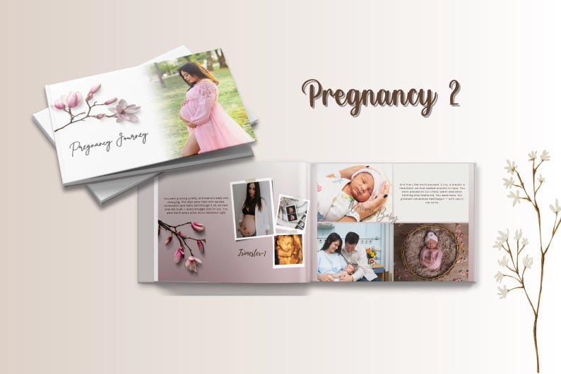 May include: A photo album titled "Pregnancy Journey" and "Pregnancy 2" with images of a pregnant person, ultrasound images, and a newborn baby. The album has a white cover with pink floral accents and a photo of a person in a pink dress.