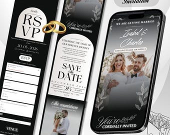 Plantilla de boda elegante Plantilla de sitio web de boda en Canva / Invitación digital en blanco y negro con confirmación de asistencia en línea, boda ecológica