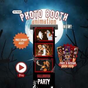 May include: An advertisement for a Halloween photo booth animation. The image shows a photo strip with three pictures of people in costumes, a play button, and text that reads "Photo Booth Animation" and "Halloween Party."