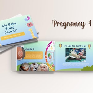 May include: A baby bump journal with the title "My Baby Bump Journal" on the cover. The journal is open to reveal pages with illustrations and text about pregnancy. The journal is designed with a blue and yellow color scheme.