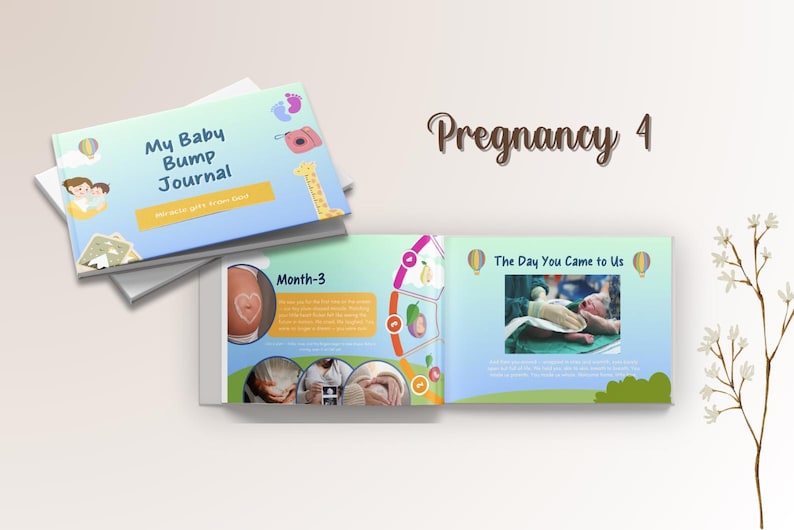 May include: A baby bump journal with the title "My Baby Bump Journal" on the cover. The journal is open to reveal pages with illustrations and text about pregnancy. The journal is designed with a blue and yellow color scheme.