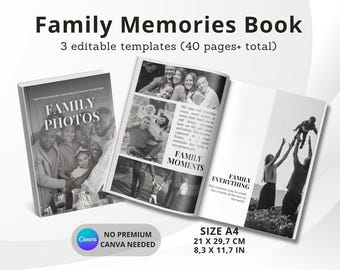 Family Photo Album Canva Template 3 in 1 : History Book 40+ Pages A4, Vacation Memory, Travel Moment, Generational Gift Ideas, Easy Use