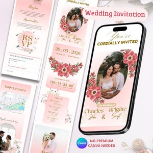 May include: A digital wedding invitation displayed on a smartphone, featuring a photo of a couple surrounded by pink floral accents. The invitation includes the text "You're Cordially Invited" and wedding details.