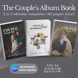 Könnte beinhalten: Drei Album-Bücher mit dem Titel "The Couple's Album Book" mit dem Text "3 in 1 editierbare Vorlagen (insgesamt 40+ Seiten)". Die Bücher sind im A4-Format, 21 x 29,7 cm. Die Cover zeigen Paarfotos und die Worte "Couple Memories Book".