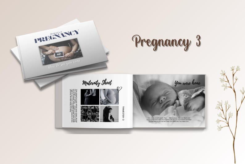 May include: A stack of white books with the title "MIRACLE PREGNANCY" and an image of a pregnant belly. The open book shows a newborn baby and the words "You were home". The theme is pregnancy and maternity.