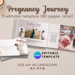 May include: A stack of two white journals with the words "Pregnancy Journey" on the cover, with an open journal showing photos of pregnant people and newborns. The text "5 editable template (80 pages+ total)" is visible. The size is A4-A6 landscape, 8.3 x 11.7 inches.