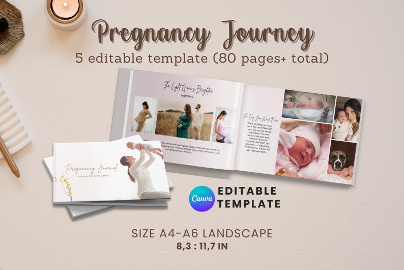 May include: A stack of two white journals with the words "Pregnancy Journey" on the cover, with an open journal showing photos of pregnant people and newborns. The text "5 editable template (80 pages+ total)" is visible. The size is A4-A6 landscape, 8.3 x 11.7 inches.