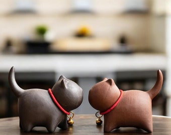 Juego de té de cerámica con forma de gato, accesorios de arcilla morada, decoración del hogar, arte del té, juego de té con temática de gatito.