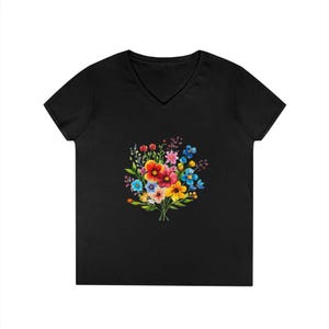Floral Wildflower Ladies&#39; V-Neck T-Shirt - Cute Casual Shirt, Summer Flowers Tee, Gift for Mom, Birthday Top, Nature Lover Apparel