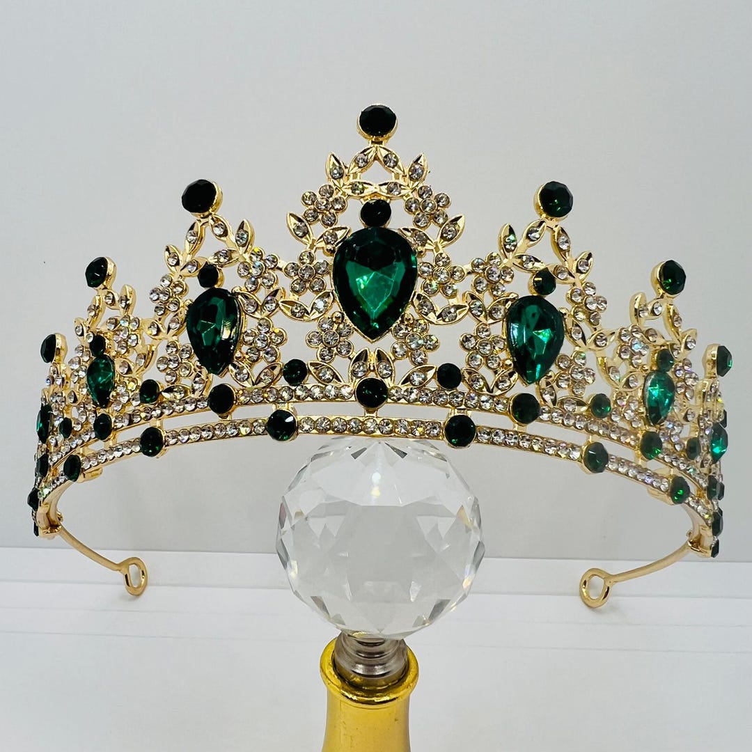 Golden Tiara With Emerald Green Rhinestones – Filigree Queen's Crown ...