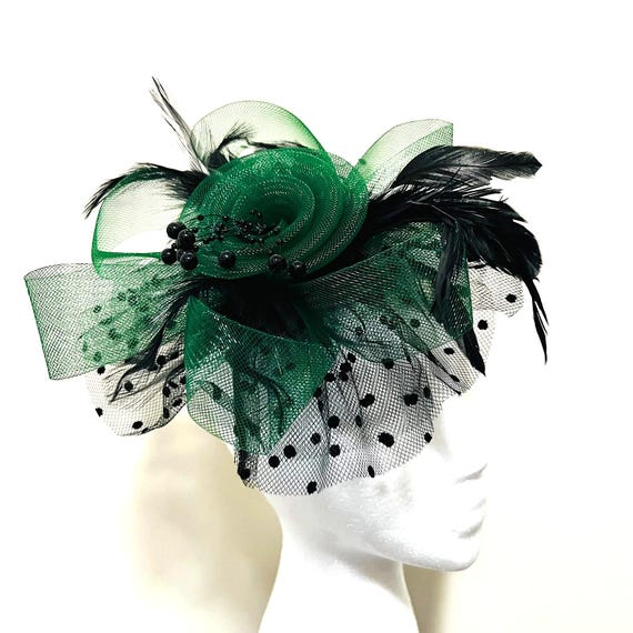 Fascinator Emerald Green Black With Net, Feathers & Pearls  display picture 3