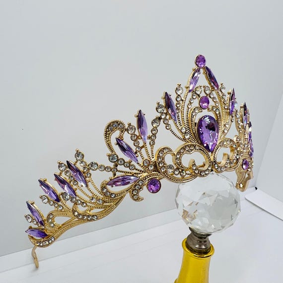 Golden Tiara With Purple Rhinestones – Filigree Queen