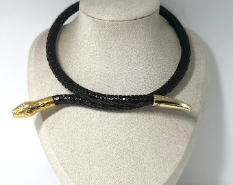 Black Snake Choker Necklace Gold Serpent Wrap Collar Rhinestone Eyes Adjustable