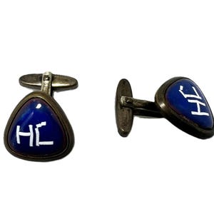 Antike Art Déco Manschettenknöpfe Emaille Blau Initialen Messing Vintage