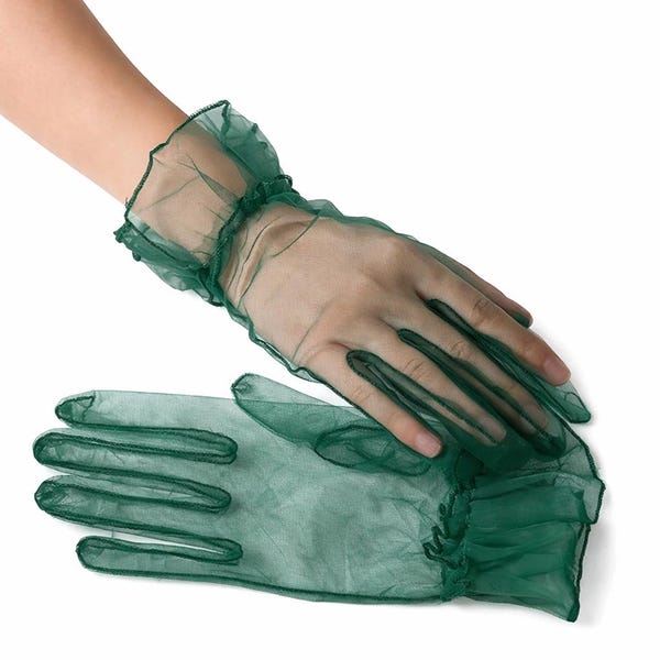 Zielone rękawiczki z tiulu – Przezroczyste zielone rękawiczki z tiulu – Mankiet z falbanką – Styl vintage – Eleganckie rękawiczki na imprezę/ślub