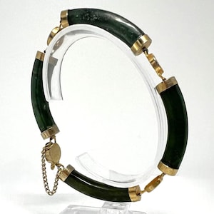 Vintage Green Jade Bracelet, Retro Gold Plated Brass Bangle, Box Clasp, Safety Chain, Asian Style