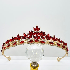 Golden tiara with ruby red rhinestones bridal crown for elegance
