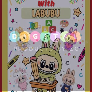 May include: A colorful educational illustration featuring the text "Let's Learn With LABUBU." The image includes cartoon characters, letters, numbers, and crayons. The central figure is a green monster-like character holding a pencil.