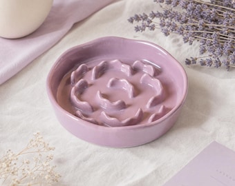 Lilac Flower Ceramic Slow Feeder Bowl, Anti Gulp Cat Dish, Aesthetic Whisker Friendly Petal Plate for Cats and Small Dogs, Cat Lover Gift
