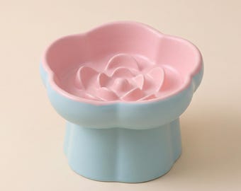 Raised Flower Ceramic Slow Feeder Bowl, Anti Gulp Dog/Cat Dish Ergonomic Tilted Design, Pink Blue Fancy Puppy Kitten Gift, Dishwasher Safe