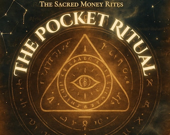 May include: A book cover with the title "Ancient Spells" and "The Sacred Money Rites" in white text at the top. The central design features a golden triangle with an eye symbol, surrounded by circular text that reads "The Pocket Ritual".