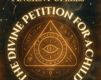 May include: A vintage-style illustration of a golden circle with the text "The Divine Petition for a Child" surrounding a triangle with an eye inside. The triangle is filled with a pattern of letters and symbols.