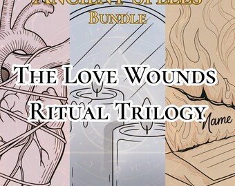 Könnte beinhalten: Illustration für ein Bündel alter Zaubersprüche. Das Bild ist in drei Abschnitte unterteilt, die ein Herz, Kerzen und ein brennendes Papier zeigen. Der Text enthält "Ancient Spells Bundle" und "The Love Wounds Ritual Trilogy - 3 Rituals."