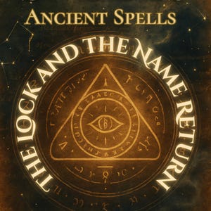 Puede incluir: Portada de libro con el título "Ancient Spells" en la parte superior. El diseño central presenta un emblema circular con un ojo dentro de un triángulo. El texto "The Lock and The Name Return" rodea el emblema. El fondo es oscuro con constelaciones estelares.