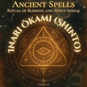 Op de afbeelding: Een donkere, getextureerde achtergrond met de woorden "ANCIENT SPELLS" en "RITUAL OF BLESSING AND SPIRIT SHIELD" in gouden letters. De afbeelding toont een cirkelvormig ontwerp met de woorden "INARI OKAMI (SHINTO)" en een centrale driehoek met een oogsymbool.