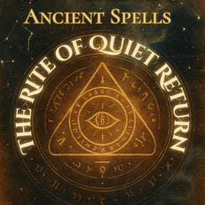 May include: A book cover with the title "Ancient Spells" at the top. The central design features a triangle with an eye inside, surrounded by the words "The Rite of Quiet Return". The background is dark with star constellations.