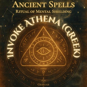 May include: A dark, textured image with the text "ANCIENT SPELLS" and "RITUAL OF MENTAL SHIELDING." The word "ATHENA" is prominent, with "INVOKE" and "(GREEK)" in a circular design. A triangle with an eye symbol is in the center.