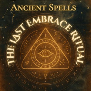 Op de afbeelding: Een boekomslag met de titel "Ancient Spells" bovenaan en "The Last Embrace Ritual" in een cirkelvormig ontwerp. De omslag toont een centrale driehoek met een oogsymbool en andere mystieke elementen, allemaal in goud tegen een donkere achtergrond.