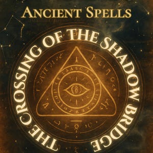 Puede incluir: Un diseño circular dorado y blanco con el texto "The Crossing of the Shadow Bridge" y "Ancient Spells" en una fuente vintage. El centro del diseño presenta un triángulo con un ojo en su interior y un círculo de texto alrededor.