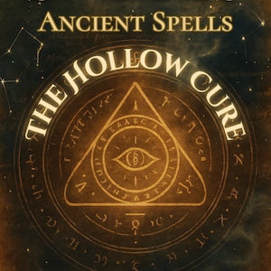 Puede incluir: Portada de libro con los títulos "Ancient Spells" y "The Hollow Cure" en una fuente serif brillante. La portada presenta un diseño central circular con un símbolo de ojo dentro de un triángulo, todo en tonos dorados y marrones sobre un fondo oscuro.