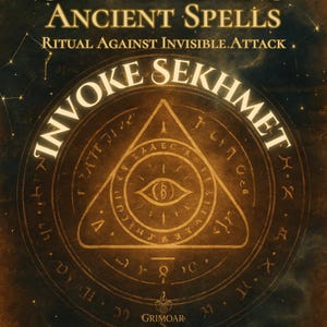 Può includere: Illustrazione in stile vintage con il testo "ANCIENT SPELLS" e "INVOKE SEKHMET". Il design presenta un simbolo oculare centrale all'interno di un triangolo, circondato da testo e simboli circolari, tutto in oro su sfondo marrone scuro.