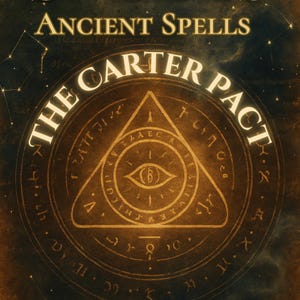 Puede incluir: Imagen digital con el texto "ANCIENT SPELLS" en la parte superior y "THE CARTER PACT" en un diseño circular debajo. El diseño incluye un triángulo con un símbolo de ojo y otros símbolos, todo en dorado sobre un fondo oscuro.
