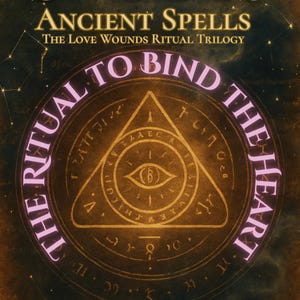Puede incluir: Portada de libro con el título "ANCIENT SPELLS" y el subtítulo "THE LOVE WOUNDS RITUAL TRILOGY". La portada presenta un diseño circular con el texto "THE RITUAL TO BIND THE HEART" en un color rosa-púrpura. Un triángulo con un ojo está en el centro.