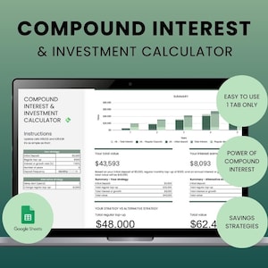 Può includere: Uno schermo di laptop che mostra un foglio di calcolo di Google Sheets con uno schema di colori verde e bianco. Il foglio di calcolo è intitolato "Calcolatore di interessi composti e investimenti" e include un grafico, tabelle di dati e istruzioni. Il testo "Facile da usare, solo 1 scheda" è in un cerchio verde sul lato destro dello schermo. Il testo "Potere degli interessi composti" è in un cerchio verde sotto il grafico. Il testo "Strategie di risparmio" è in un cerchio verde sotto le tabelle di dati. Il laptop è su uno sfondo verde.