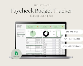 May include: A laptop screen displays a "Paycheck Budget Tracker" spreadsheet. The spreadsheet includes sections for income, expenses, and remaining budget, with interactive visuals and auto-calculating features. The text "Budget Like a Boss" is also visible.