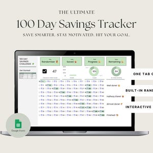 May include: A laptop screen shows a 100-day savings tracker. The interface includes progress indicators, a randomiser, and interactive visuals. The text reads "Save Smarter. Stay Motivated. Hit Your Goal."