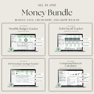 May include: An image showcasing a financial planning bundle with the text "ALL-IN-ONE Money Bundle." The bundle includes four laptop screens displaying budget, debt payoff, savings, and compound interest trackers. Each screen has interactive visuals.